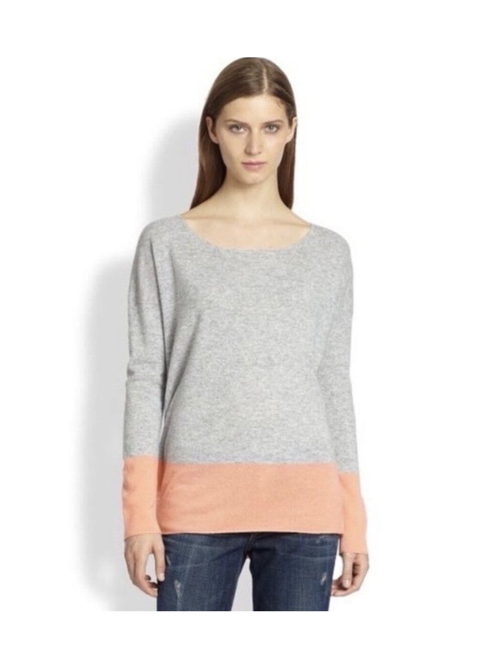 VINCE Women’s 100% Cashmere Colorblock Sweater In Gray|Tangerine-Size